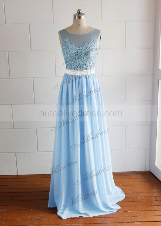 Mint Blue Lace Chiffon Long Prom Dress Mint Blue Lace Chiffon Long Prom Dress